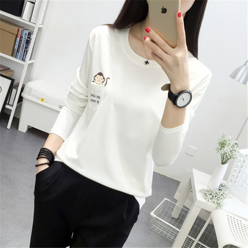 2016秋装新款衣服休闲上衣卡通口袋t恤女长袖百搭显瘦学生打底衫