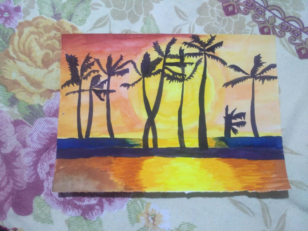 水彩落日椰子树