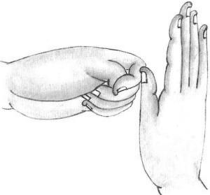 大光明咒手印右手自然成掌,掌心向外(前方),约与肩齐等高,放七色光,照