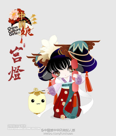 中国娘,中华传统风物拟人娘 q版 手绘 插画 宫灯
