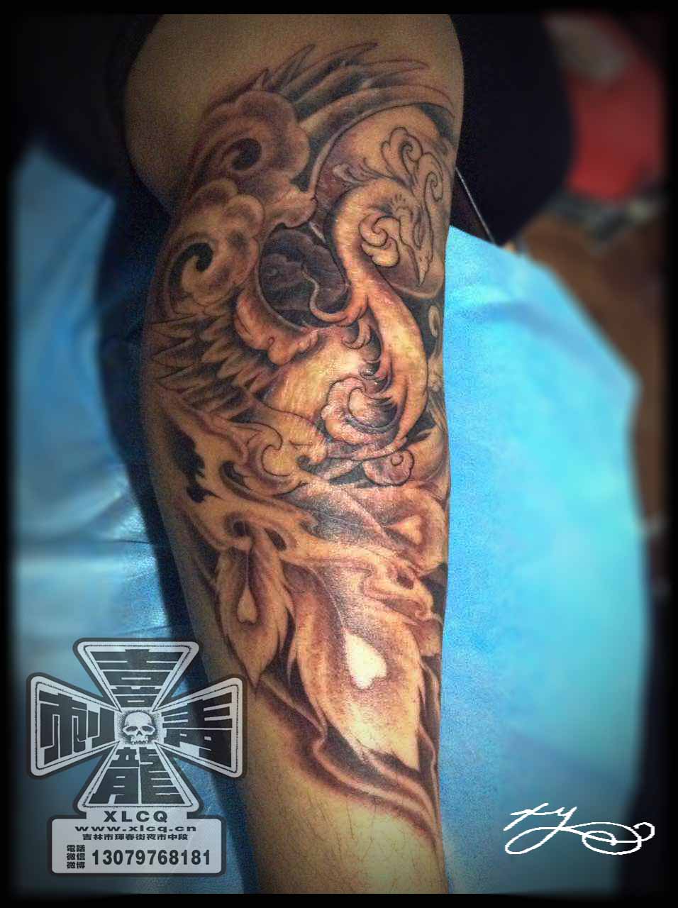小腿疤痕遮盖纹身图案 凤凰刺青纹身 tattoo 吉林纹身 潇阳出品