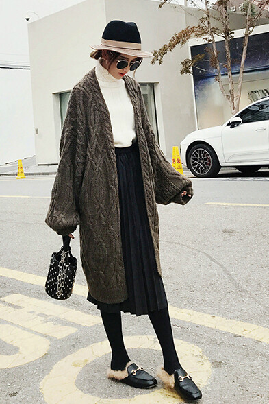 宽松毛衣外套,高领打底针织衫竖直坑条纹套头毛衣,秋冬季新款韩版中长