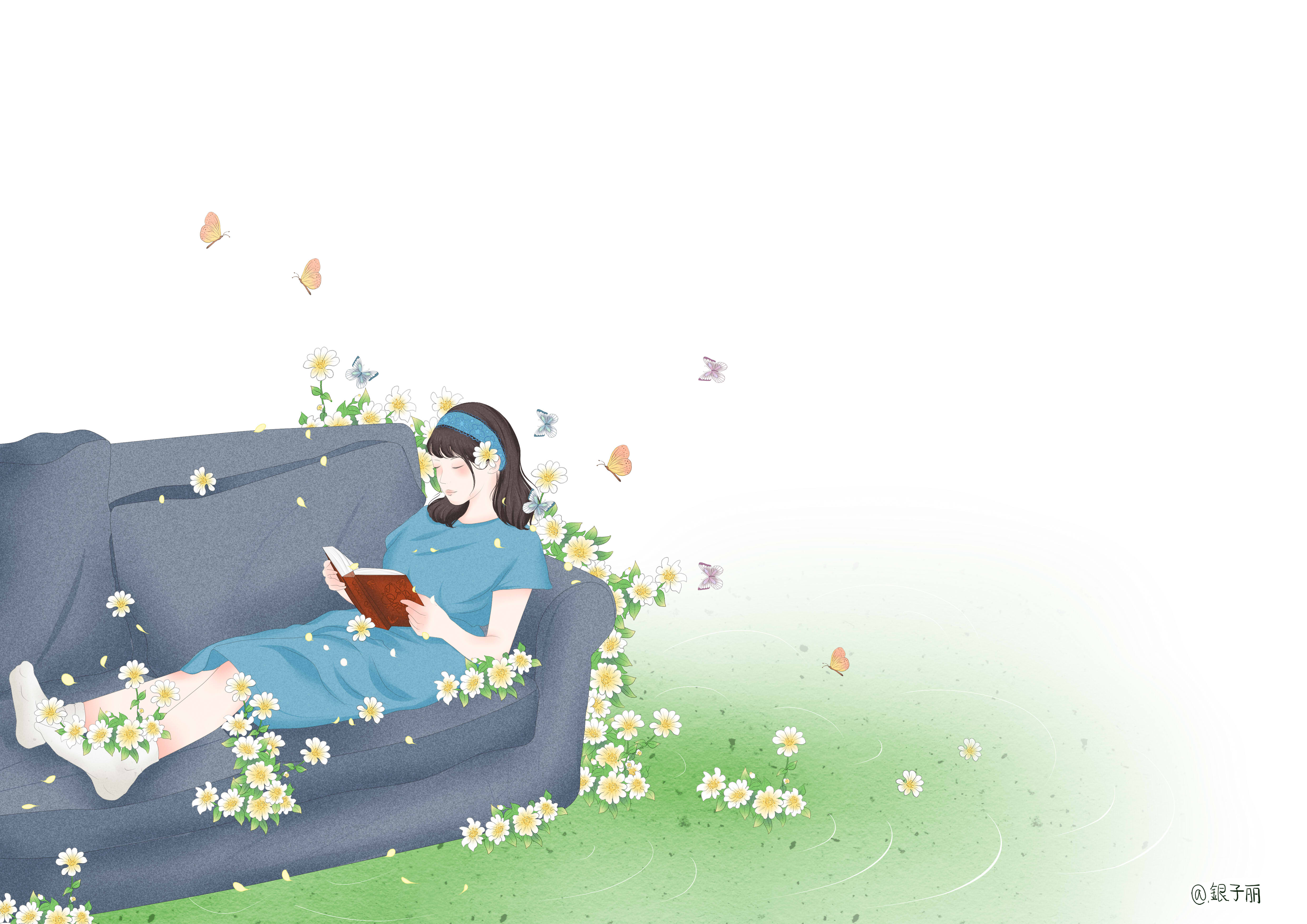 壁纸,干净,短发森女系看书时间,小黄花蝴蝶飞飞