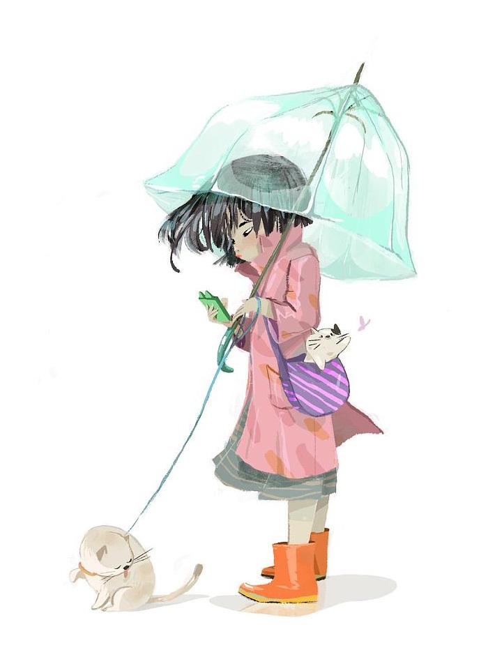 少女 猫咪 插画 liu通