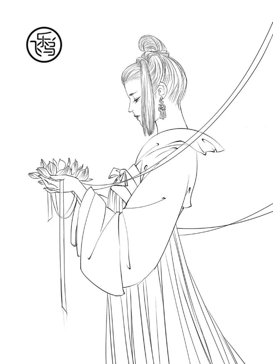 手绘素材【古风人物线稿】素材来自飞乐鸟出版的《绘漫画古风人物