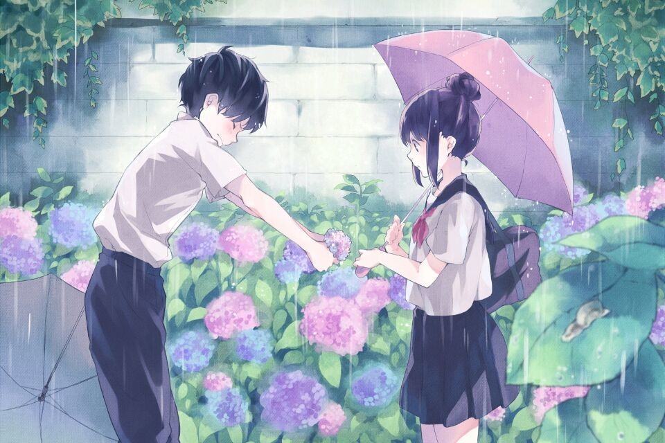 少年/少女/情侣/雨/花/动漫