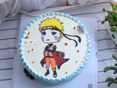 漩涡鸣人蛋糕～客人找图定制,比较喜欢用奶油在蛋糕上画出来的质感