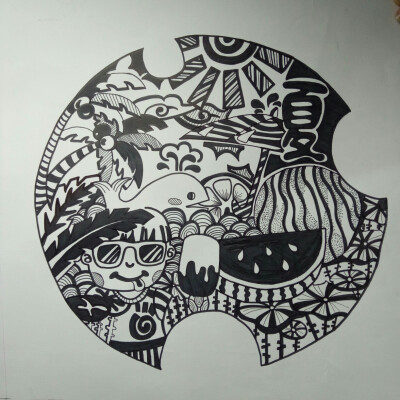 夏黑白装饰画 儿童画 线描画