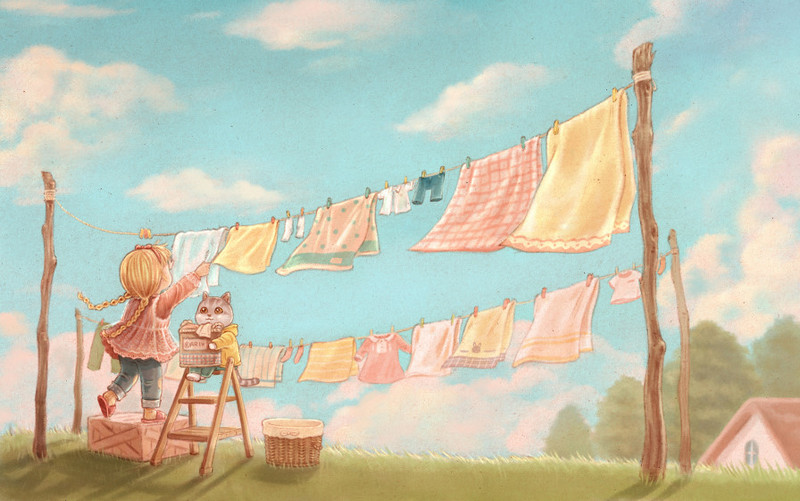 晾衣服女孩猫咪插画byari