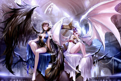 黑白 天使 恶魔 翅膀 姐妹 友情 二次元 动漫