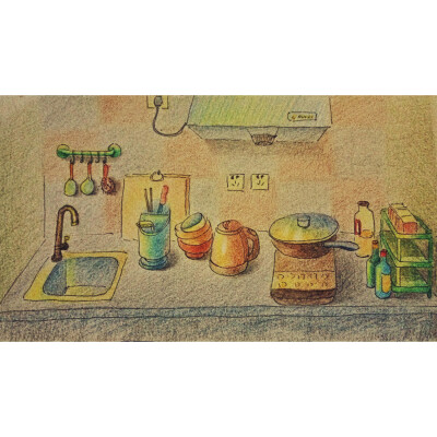 彩铅手绘我的小厨房,亮部都用了明黄色,希望画出一种温馨的感觉