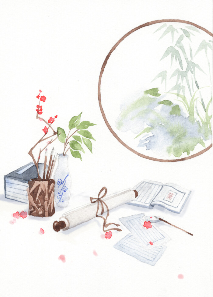 卷轴 梅花 竹子 书卷