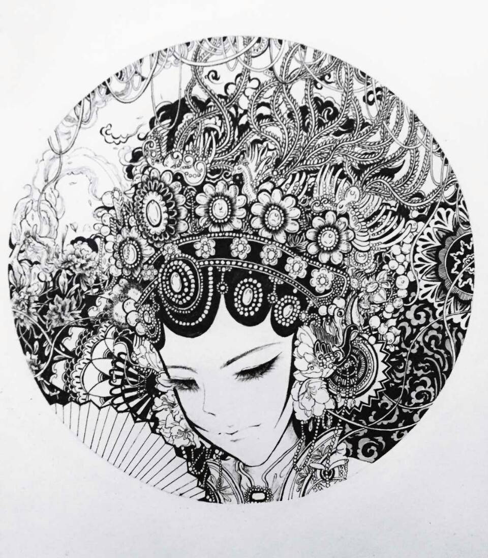 黑白插画: 国粹一景~ @_吴畏