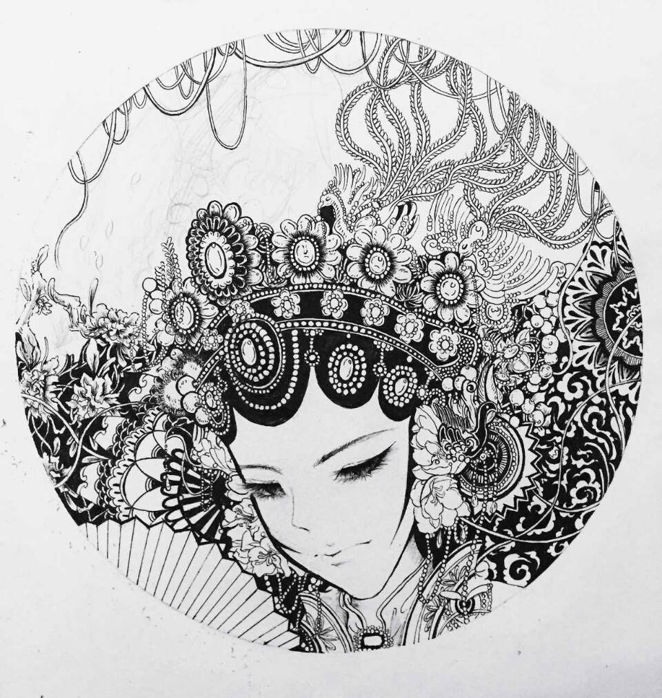 黑白插画: 国粹一景~ @_吴畏