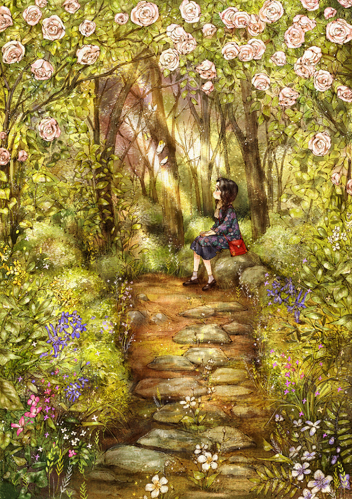 春日系列梦幻的花园来自韩国插画家aeppol的森林女孩日记系列插画