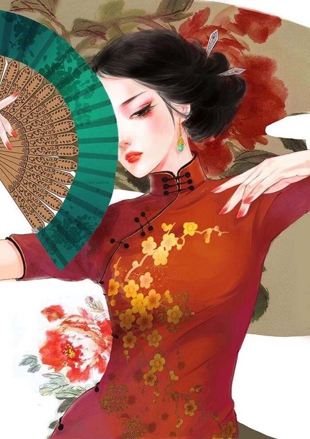 锦袍华贵淑女娇玲珑曲折现苗条旗袍美人图