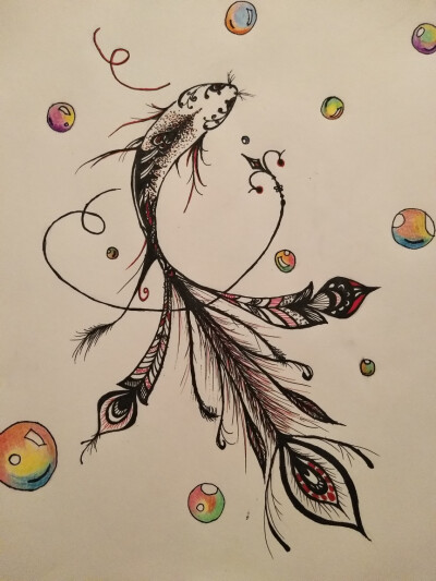 手绘 线描 鲤鱼 泡沫