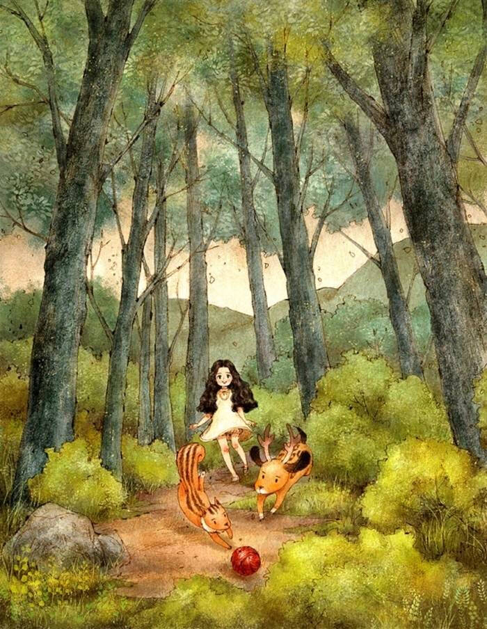 韩国插画师aeppol笔下的一组清新的森林女孩插画