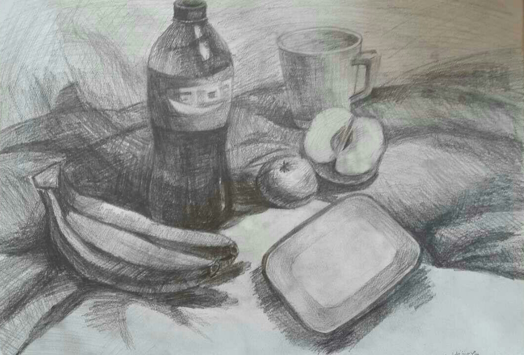 素描画静物~可乐瓶,水果 