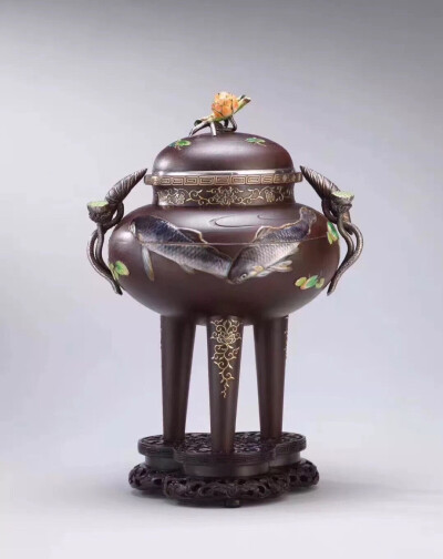 明治时代金银七宝象嵌鉄制香炉 铭 光一心(高崎光一)高 21 cm.