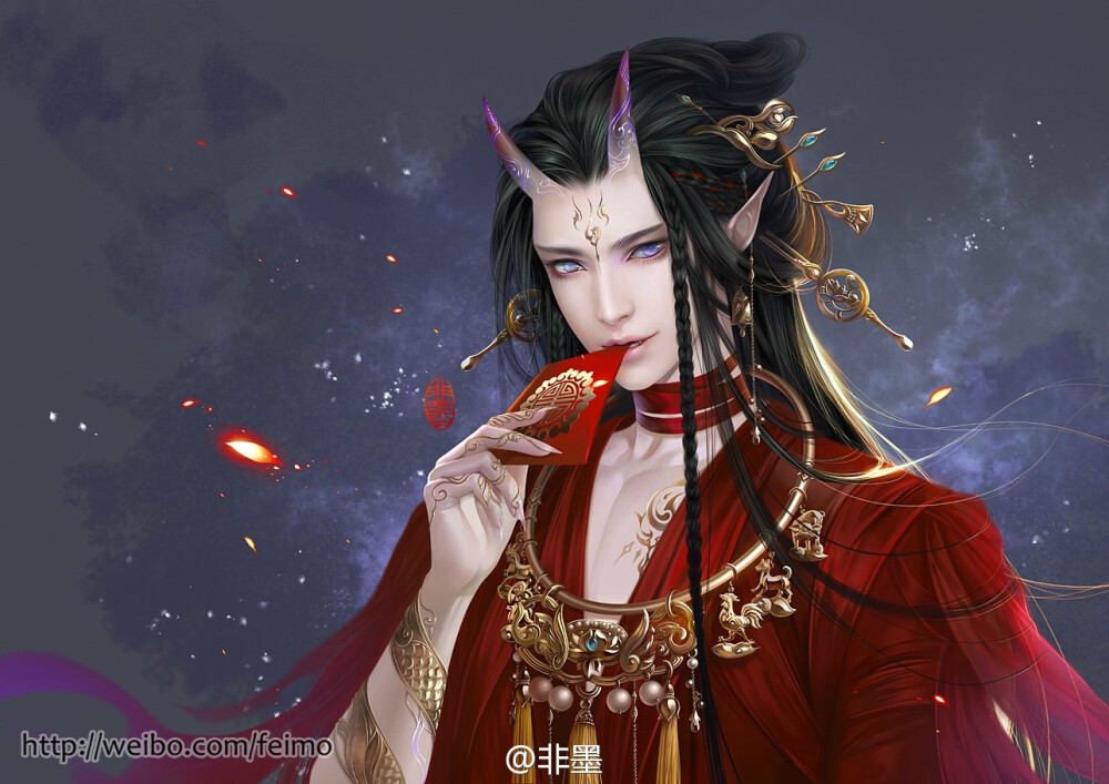 手绘古风红衣男子画师:非墨