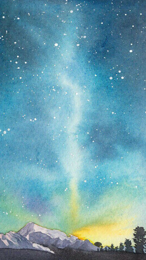 插画水彩风景唯美星空