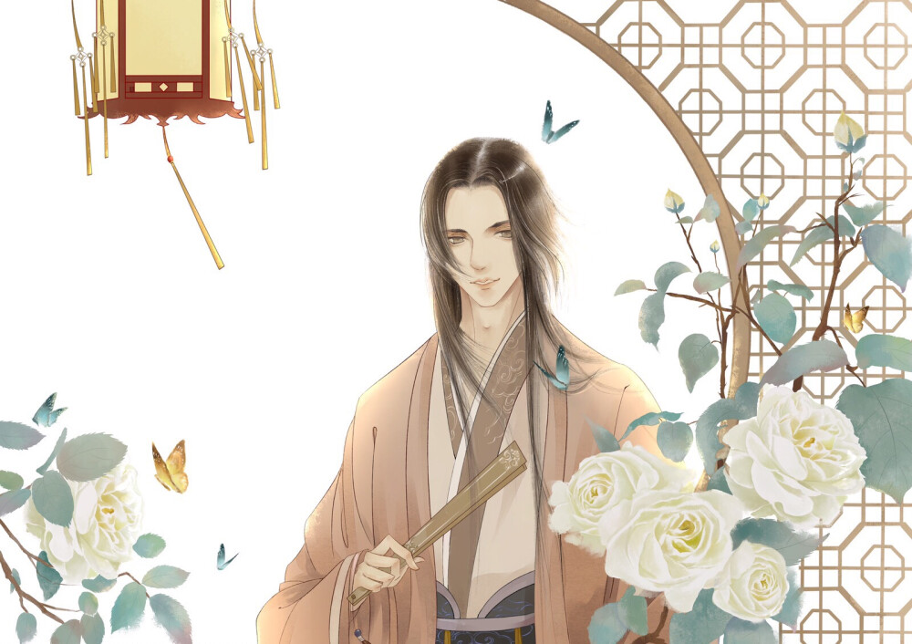 手绘古风持扇男子