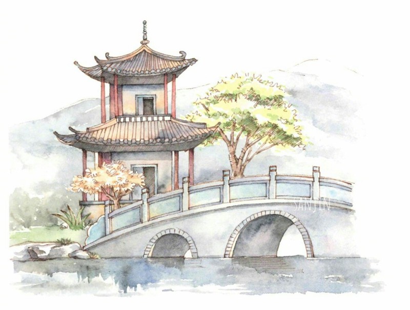 中式建筑水粉画图片
