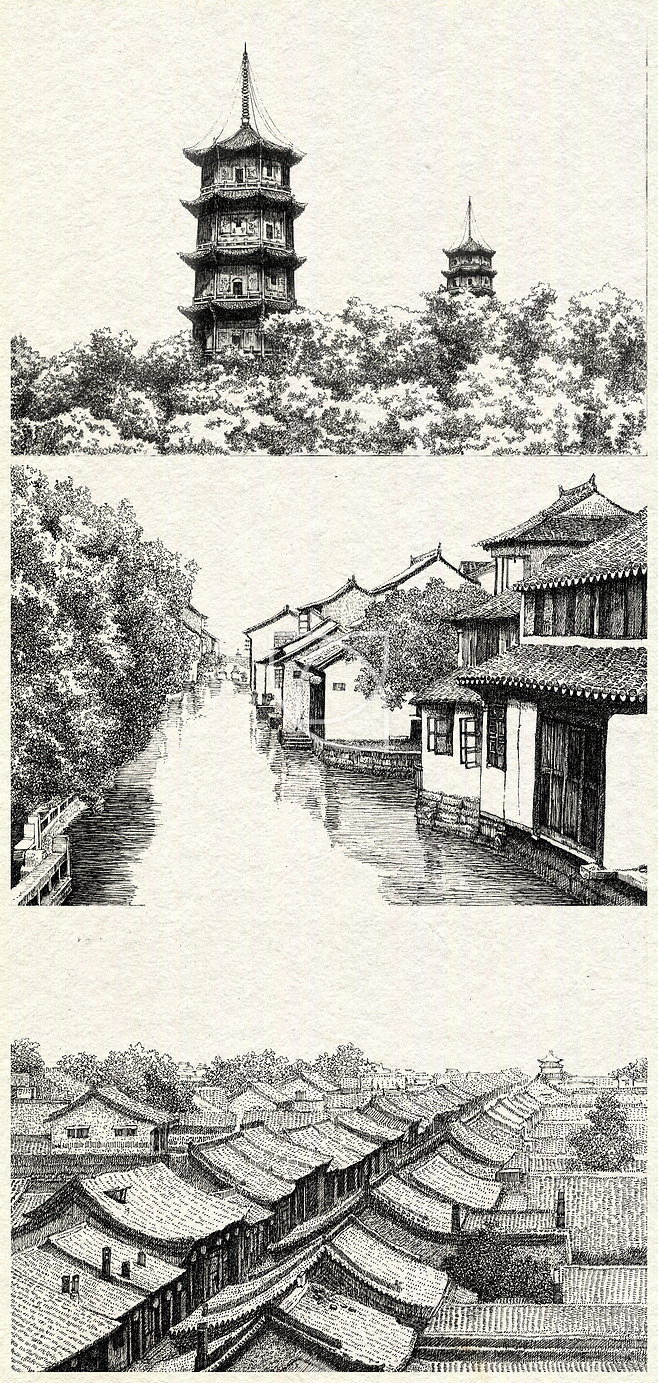 江南风景铅笔画图片