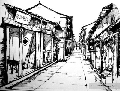 丽江四方街素描图片