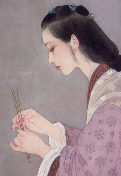 古风 工笔画 仕女 侧颜 上香 女头 背景 盛世美颜