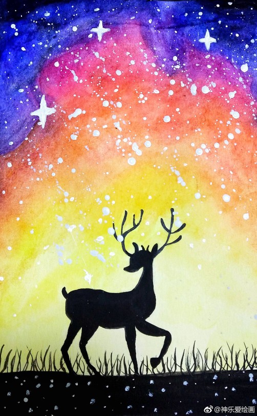 星空中的鹿水彩画