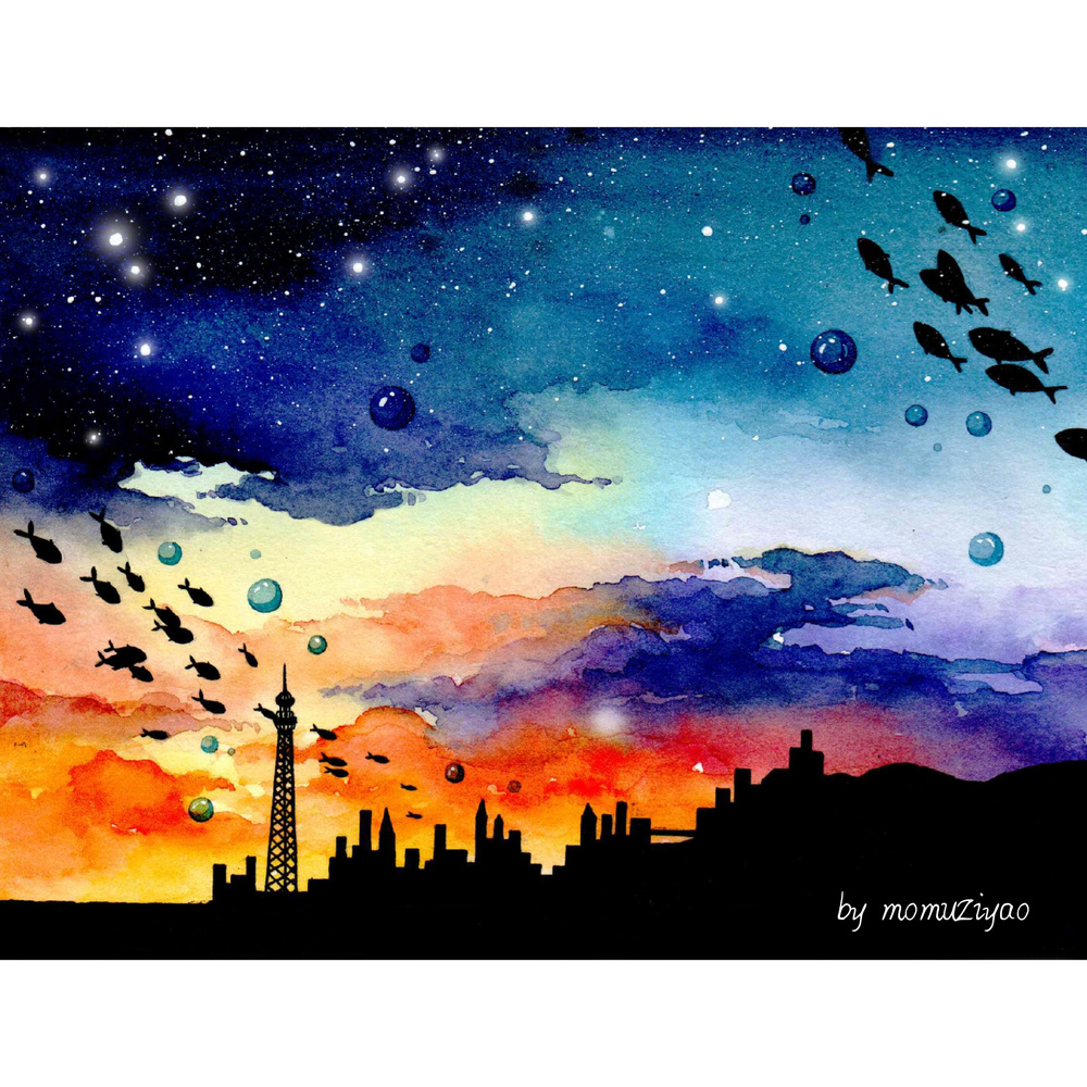 星空 水彩 插画 作者:墨木子摇