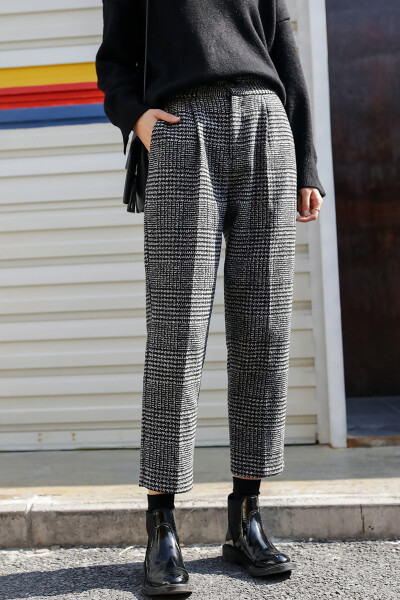 jhxc 韩版宽松高腰格子加厚毛呢哈伦裤女冬季九分裤休闲裤西装裤