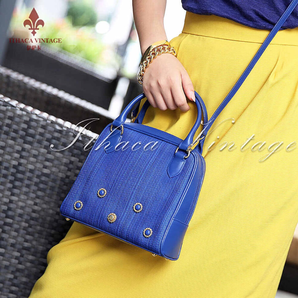 伊萨卡comtesse宝蓝色马毛女包2way手提迷你包vintage古董包