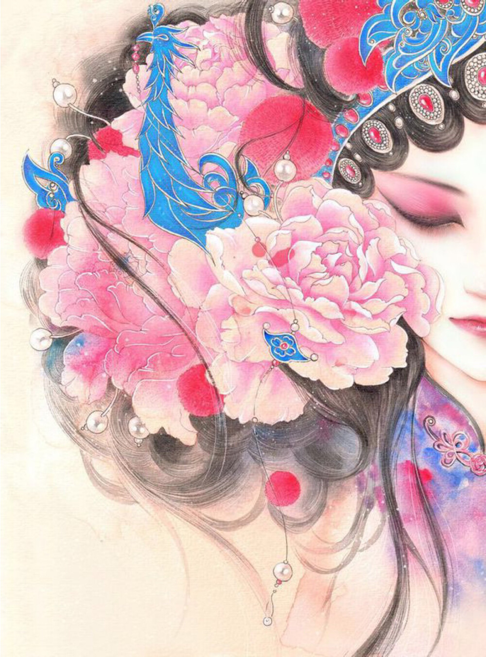中国风手绘花旦半遮脸图片