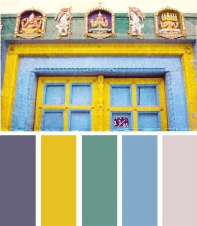 图例采用了粉黄蓝的色调配色,黄与紫的对比配色,黄与绿或绿与蓝或蓝与