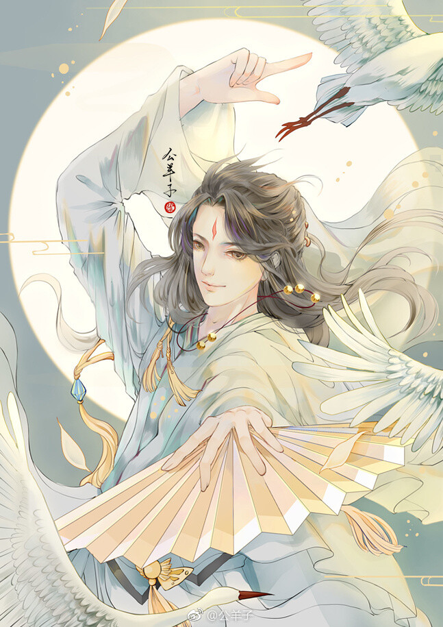 手绘古风持扇男子画师:公羊子