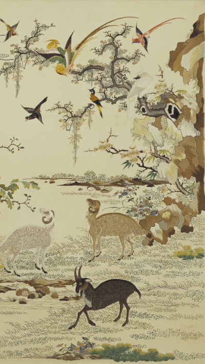 【广绣三色缎三羊开泰插屏心·清】 from每日故宫
