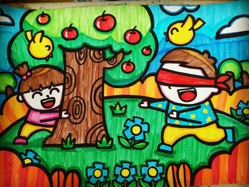 儿童画捉迷藏两小无猜青梅竹马户外