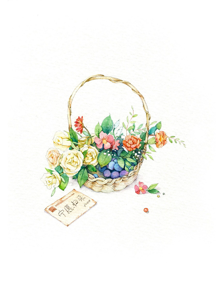 清新水彩手绘#花篮 作者:那仁