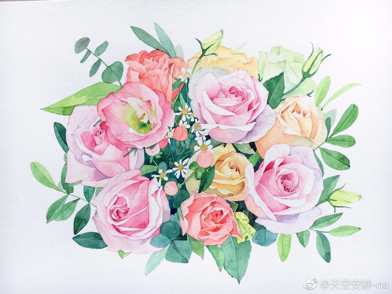 【清新水彩花卉】#清新花簇# 作者:天空安静-na