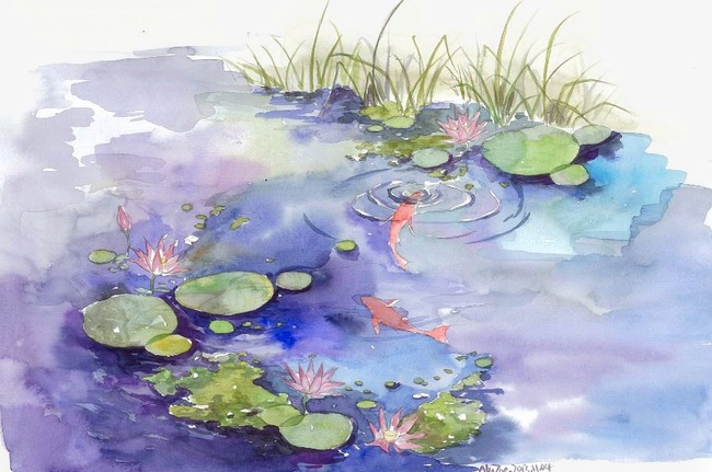 中国古风水彩插画素材 作图素材 封面 锦鲤荷池