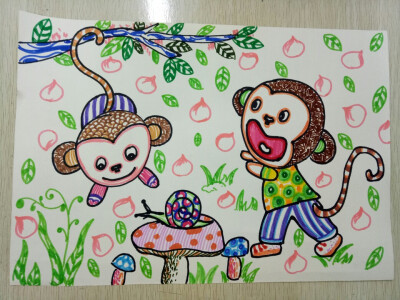 猴子摘桃简笔画彩色图片