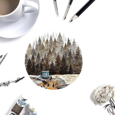加拿大插画师rosa作品 圆形 水彩 风景 树林