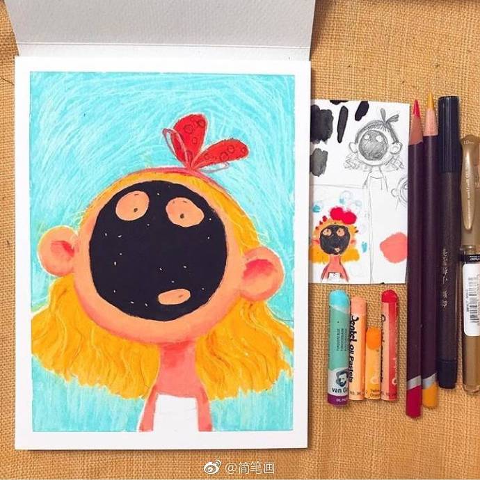 萌萌哒卡通小女孩蜡笔画.(by:hannah sun)
