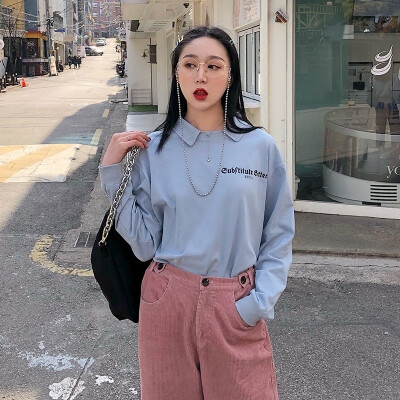 一雯白春季新款宽松显瘦bf上衣街头休闲ins方领长袖t恤女潮at059