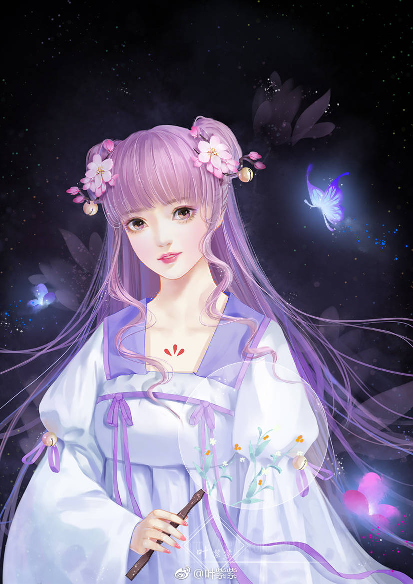 手绘古风持扇女子画师:叶紫紫