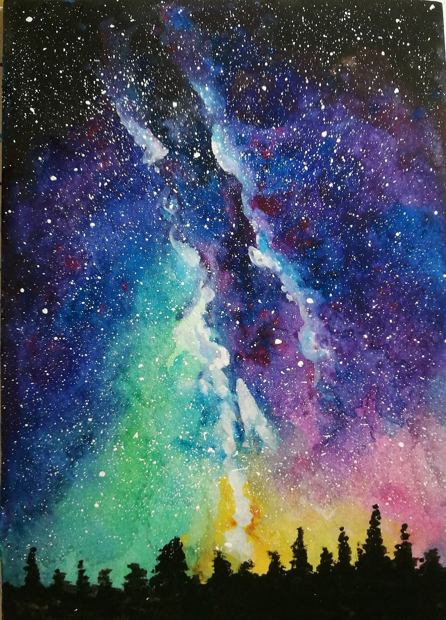 水粉画 水彩画 星空画