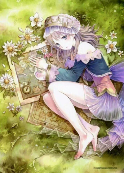 二次元 少女 褐色齐肩 紫瞳 躺姿 草地